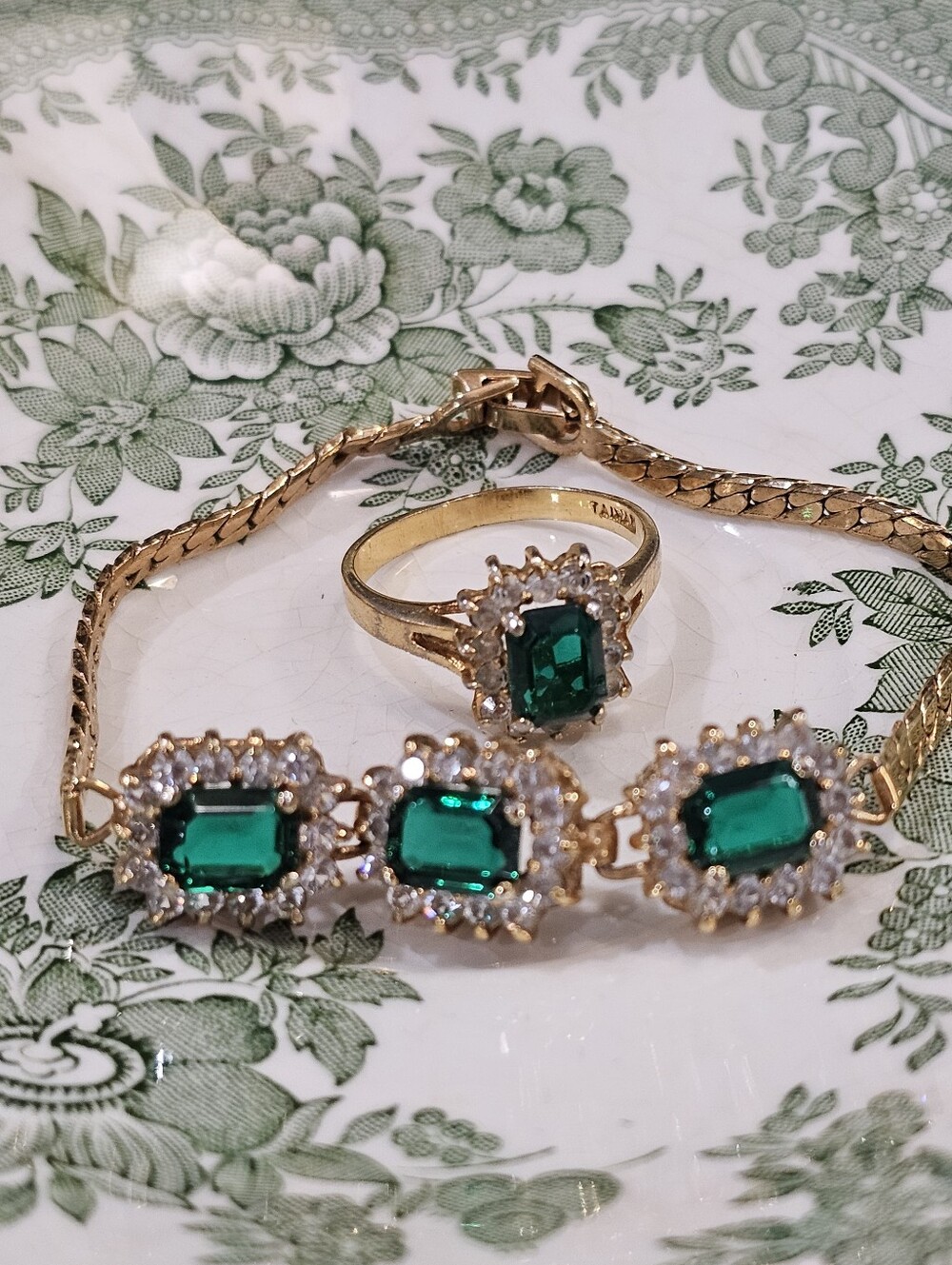 Goldtone Emerald Halo Ring and Bracelet Set